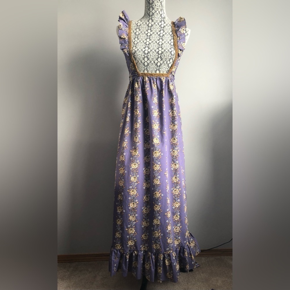 Vintage 60s 70s Dollyrockers By Sambo Floral Maxi Dress Ruffle Hem